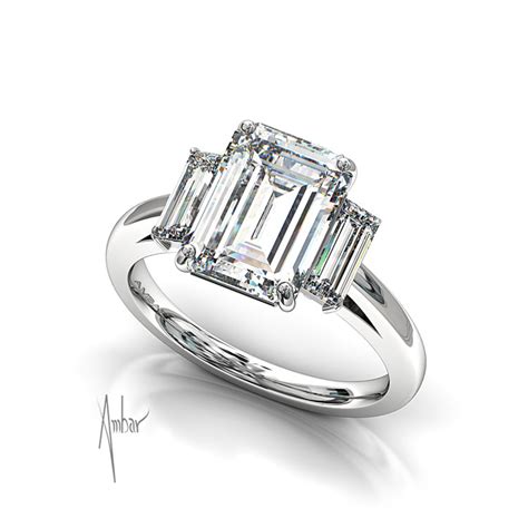 Emerald Cut Diamond and Baguettes Three Stone Engagement Ring