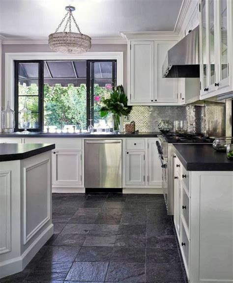 White Cabinets + Grey Slate Flooring | White kitchen design, Kitchen design, Gray and white kitchen