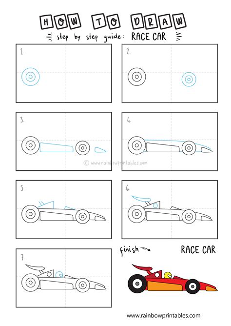 How To Draw a Race Car - Easy Cartoon Doodle Lesson for Kids - Rainbow Printables