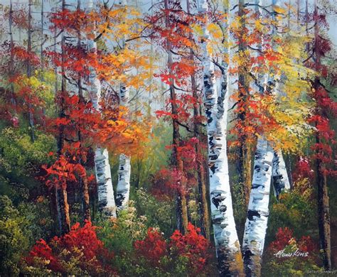 Aspen Tree Forest Autumn Colors Red Yellow Leaves 20X24 Stretched Oil Painting | eBay