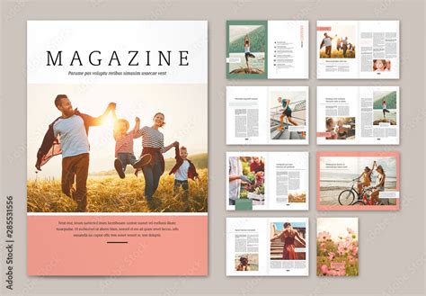 Magazine Layout with Pink and Green Elements Stock Template | Adobe Stock