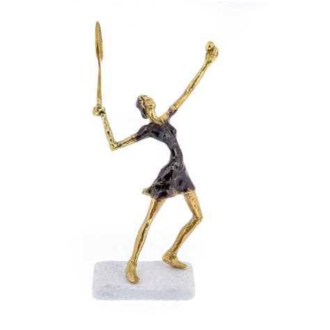 "Tennis Player" Metal Sculpture - Handmade Bronze on Marble Base - Female Figure Ornament