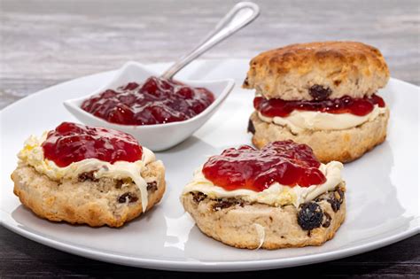 Fruit Scones With Jam And Cream Stock Photo - Download Image Now - Scone, Preserves, Cream ...