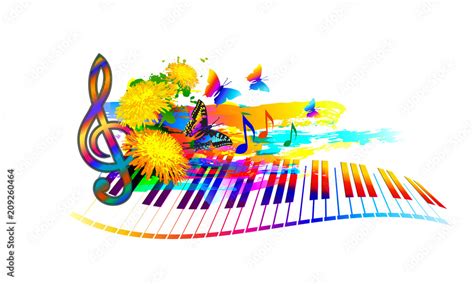 Music summer festival background with piano keyboard, flowers, music notes and butterfly Stock ...