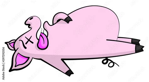 Cartoon style illustration of a cute, dead pig character lying flat on its back with its mouth ...