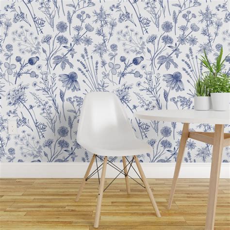 Peel & Stick Wallpaper 2FT Wide Wild Flowers Flower White Vintage Blue Floral Retro Custom ...