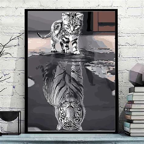 ART DRAW No Frame Cat Reflection Tiger Animal DIY Painting By Numbers Acrylic Paint On Canvas ...