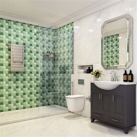 Glossy Ceramic Green Square Bathroom Tile Design - 300x300 mm | Livspace