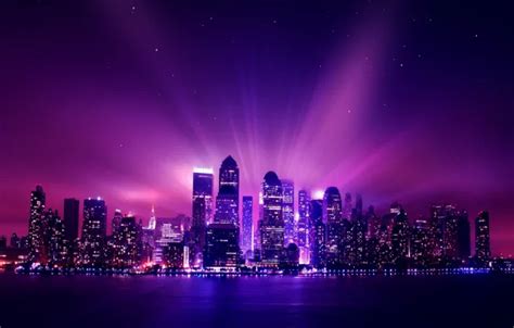 Wallpaper city, aurora, USA, night, new york, stars, purple, night city, city buildings, purple ...