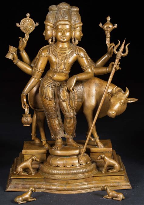 SOLD Bronze Dattatreya with Kamadhenu Statue 30" (#8bc14): Lotus Sculpture