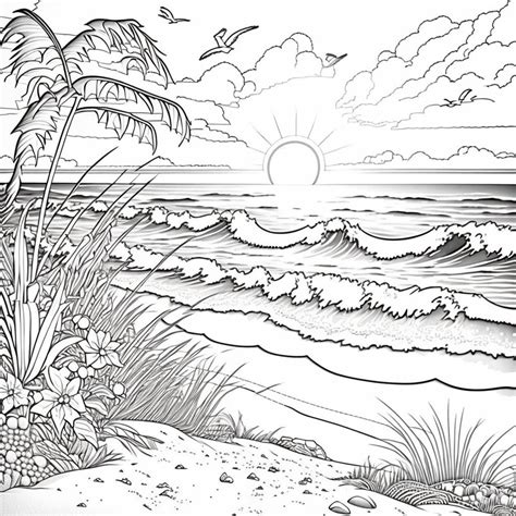 Beach Scene Coloring Pages Bundle 2, PNG Digital Download Pages, Beach, Sunset, Sailboat, Black ...