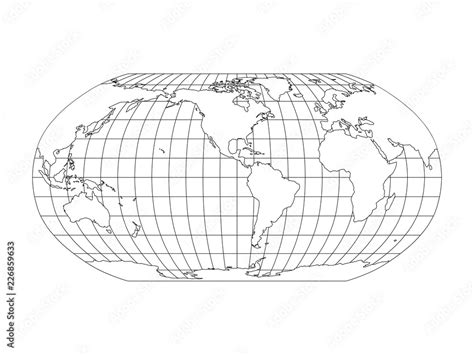 World Map in Robinson Projection with meridians and parallels grid. Americas centered. White ...