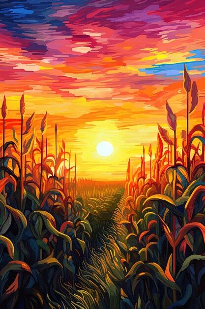 Premium AI Image | a sunset in a corn field with a sunset in the background.