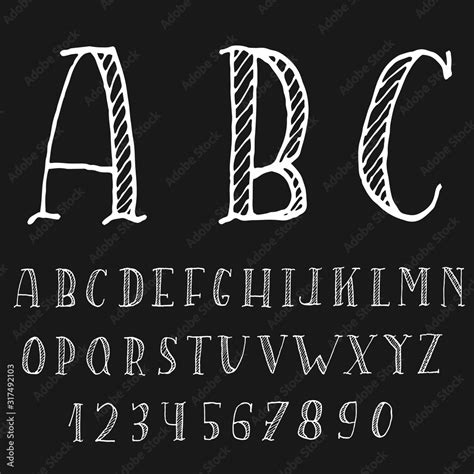 Alphabet with capital letters and numbers only. Hatched handwritten font. Slightly curved ...