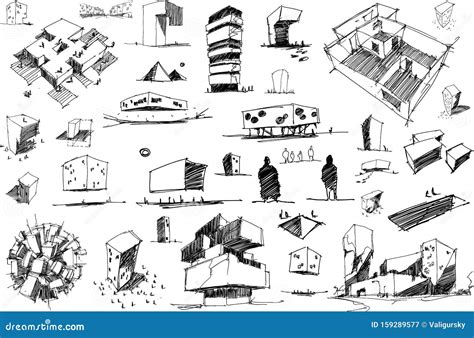 Many Architectural Sketches of a Modern Abstract Architecture and Geometric Objects Stock Vector ...