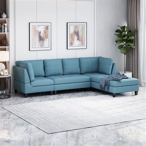 Noble House Tilden Contemporary Fabric Sectional Sofa with Ottoman, Blue - Walmart.com - Walmart.com