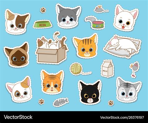 Cute cat sticker collection set cartoon doodles Vector Image