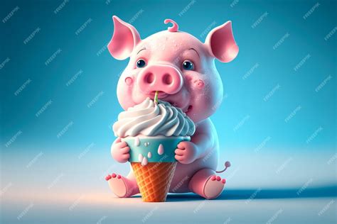 Premium Photo | Baby pig eating ice cream in waffle cone