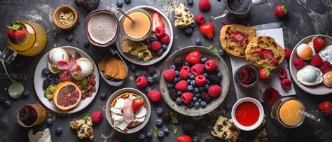 Set of American breakfast food with aesthetic arrangement, top view. 23029286 Stock Photo at ...