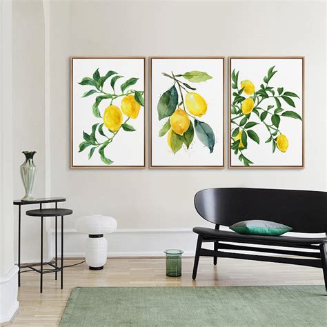 3 Piece Framed Canvas Wall Art Set, Watercolor Lemon Fruits Prints, Botanical Floral Art Prints ...