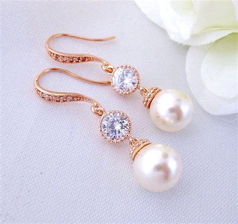 ROSE GOLD PEARL Earrings Bridal Wedding White or Ivory Pearl | Etsy | Bridal earrings pearl ...