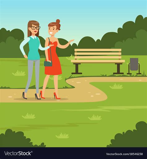 Two female friends walking in park friendship Vector Image