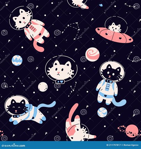 Space Animals Pattern. Seamless Black Background with Cosmic Spaceship Planets Stars and Cats ...