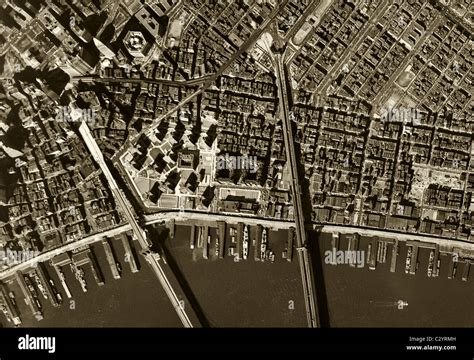 historical aerial map view Brooklyn Manhattan bridges East river waterfront piers New York city ...