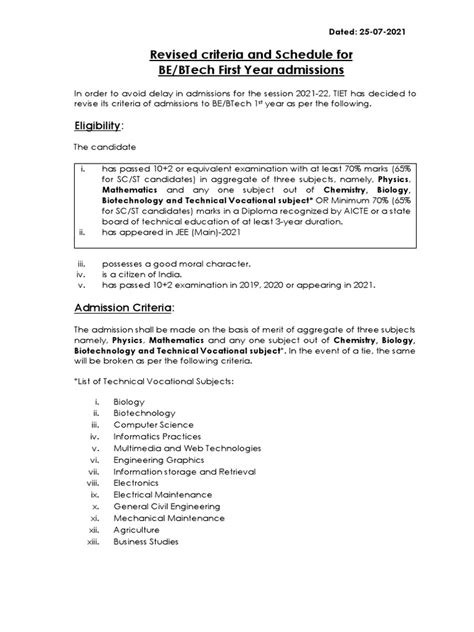 Revised Criteria and Schedule For Be/Btech First Year Admissions | PDF | Vocational Education ...