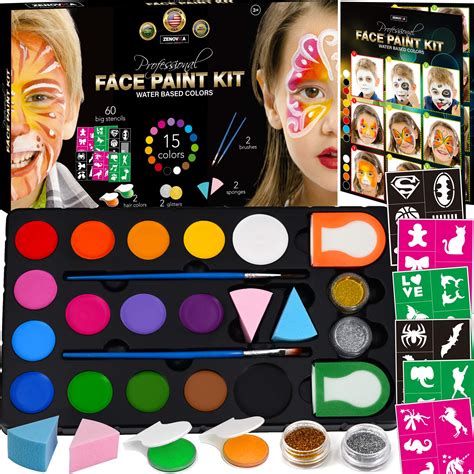 Face Paint Kit for Kids - 60 Jumbo Stencils, 15 Large Water Based Paints, 2 Glitters - Halloween ...