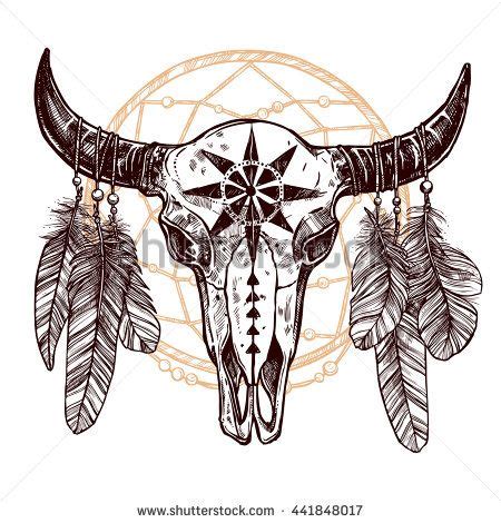 Boho Buffalo Skull With Feathers And Dreamcatcher. Hand Drawn Sketch. Native American Totem ...