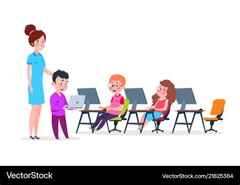 Kids in computer lab school children coding Vector Image