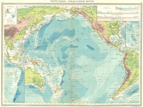 Pacific Ocean: Cables and Ocean Depths; Inset maps of Fiji Islands; 3 Sections of Pacific Ocean ...