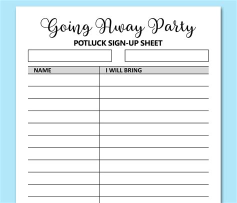 Potluck Sign Up Sheet Printable Template, Sign Up Sheet Template For Potluck Dinner, Instant ...