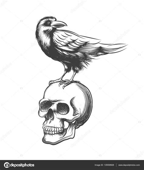 Evil crow tattoo | Evil crow hand drawn vector illustration. Black raven devil on skull isolated ...