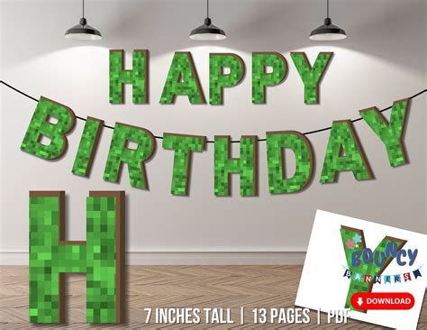 Pixelated Minecraft Inspired Happy Birthday Banner Printable Letters Instant Download Boy ...