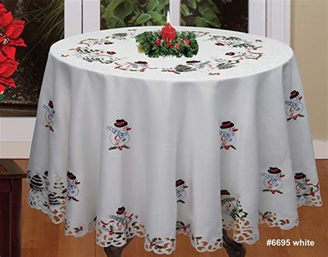 Creative Linens Holiday Embroidered Snowman and Christmas Tree Table Cloth 88" Round with 12 ...