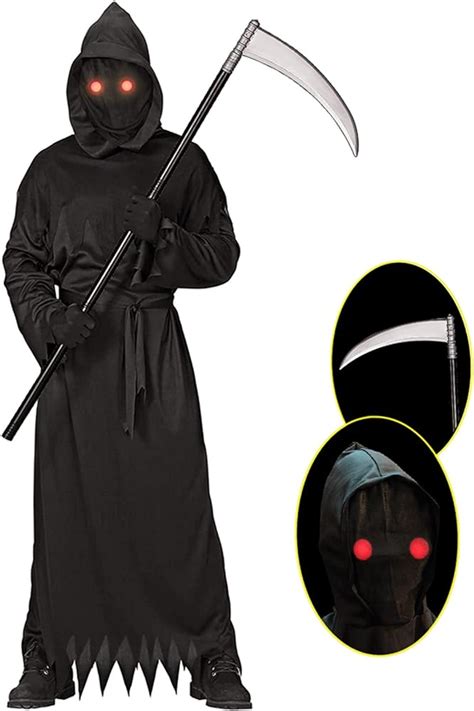 Grim Reaper Halloween Costume With Glowing Red Eyes For Kids, Scythe Included Toys Games ...