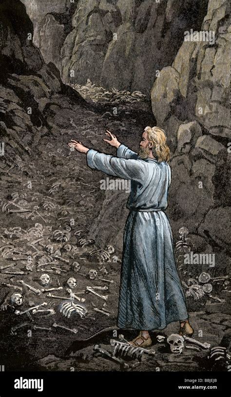 Hebrew prophet Ezekiel walking through the valley of dry bones. Hand-colored woodcut Stock Photo ...