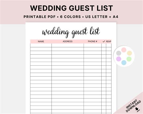 Printable Wedding Guest List Wedding Planner Event Planning - Etsy