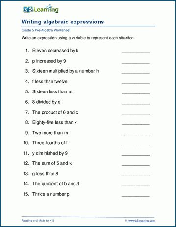 Writing algebraic expressions worksheets | K5 Learning