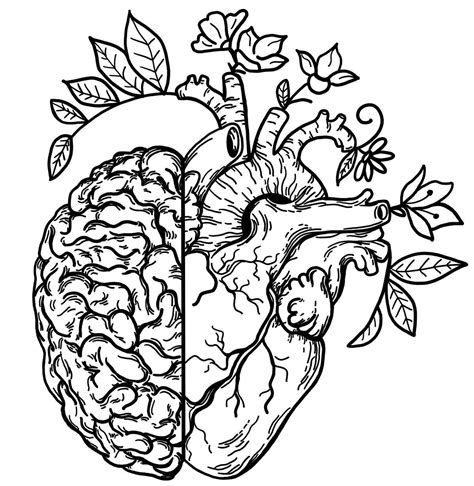 Half Brain Half Heart with Flowers | Coloring book art, Line art drawings, Pen art drawings