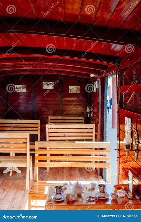 Old Train Car Red Wooden Interior with Seats and Table Editorial Stock Photo - Image of bench ...