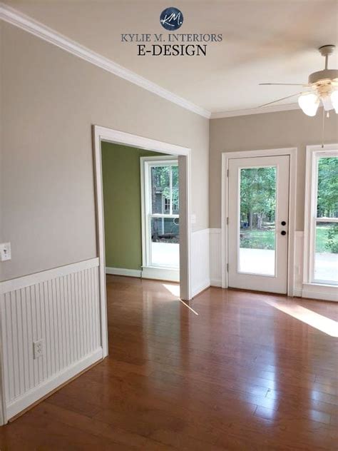 Benjamin Moore Revere Pewter, red orange toned wood floor. White wainscoting. Best gray paint ...