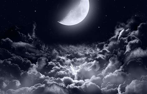 Wallpaper dark, moon, clouds, stars, night sky, moonlight, half moon, night sky stars images for ...