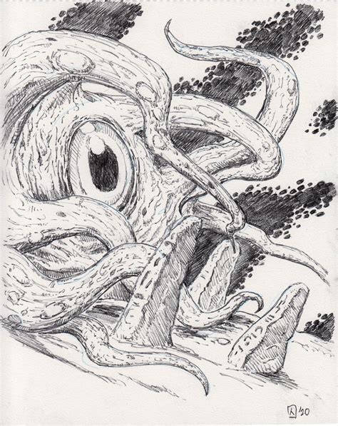 pencil drawing of an octopus with its mouth open and eyes wide open in front of the viewer