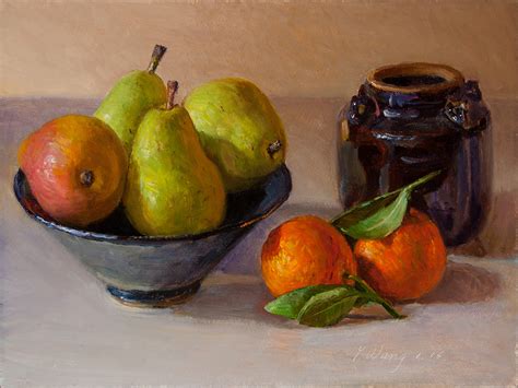 Wang Fine Art: pears orange still life oil painting a day contemporary realism