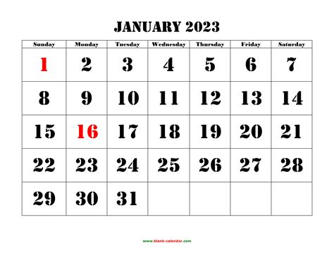 Free Download Printable Calendar 2023, large font design , holidays on red