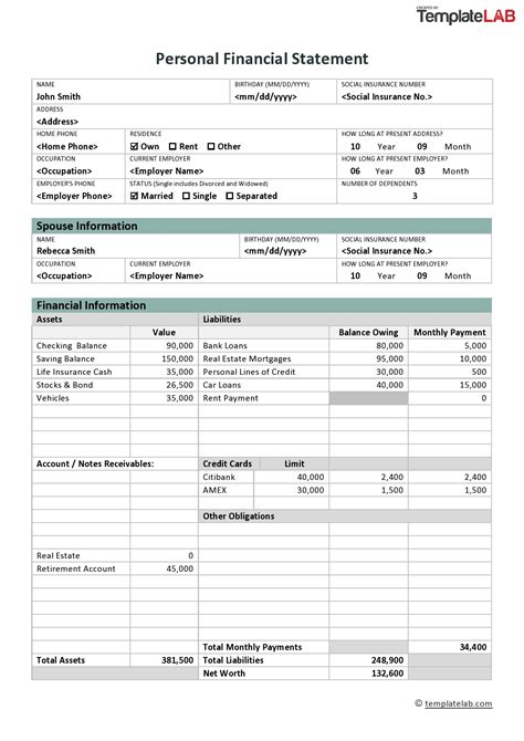 Printable Personal Financial Statement Template