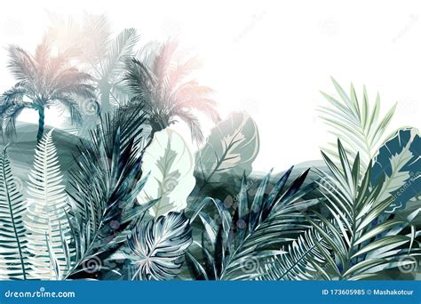 Tropical Vector Background or Wallpaper Poster with Palm Treed and Green Leaves, Watercolor ...